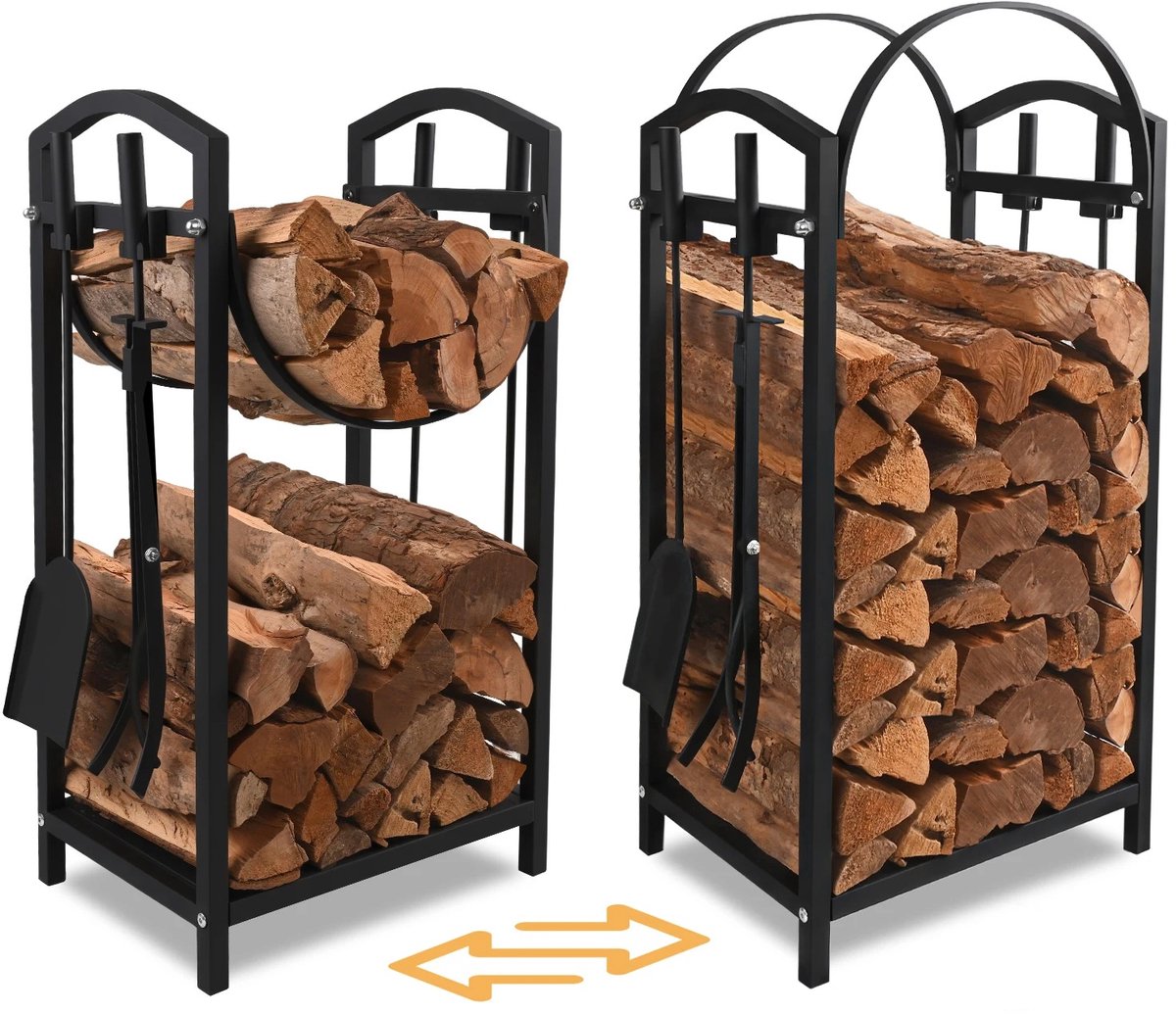 Turold Haardhout - Brandhout - Houtopslag - Openhaard Hout - Luxe Brandhoutrek Zwart Metaal met Gereedschap 4-delig 75x40x30cm