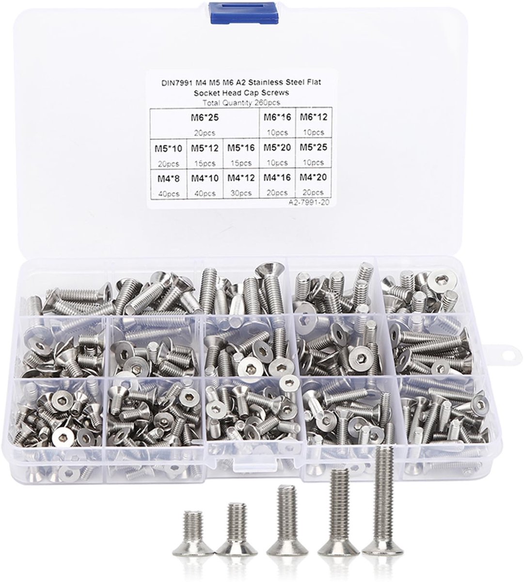 Dailygoods - Dailygoody - Verzonken Machineschroeven Set - 260-delig - Roestvrij staal 304 - Platte kop met inbussleutel - Voor elektronica-industrie - Duurza