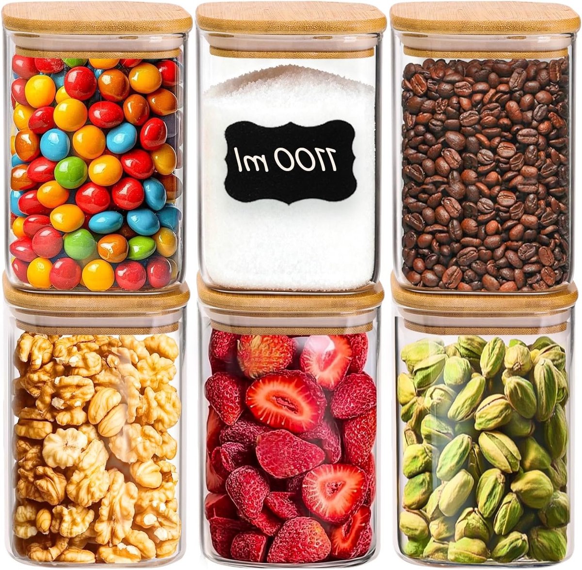 Glazen Opbergpotten met Deksel, 1100 ml, Set van 6, Perfect voor Bonen, Poeders en Koekjes