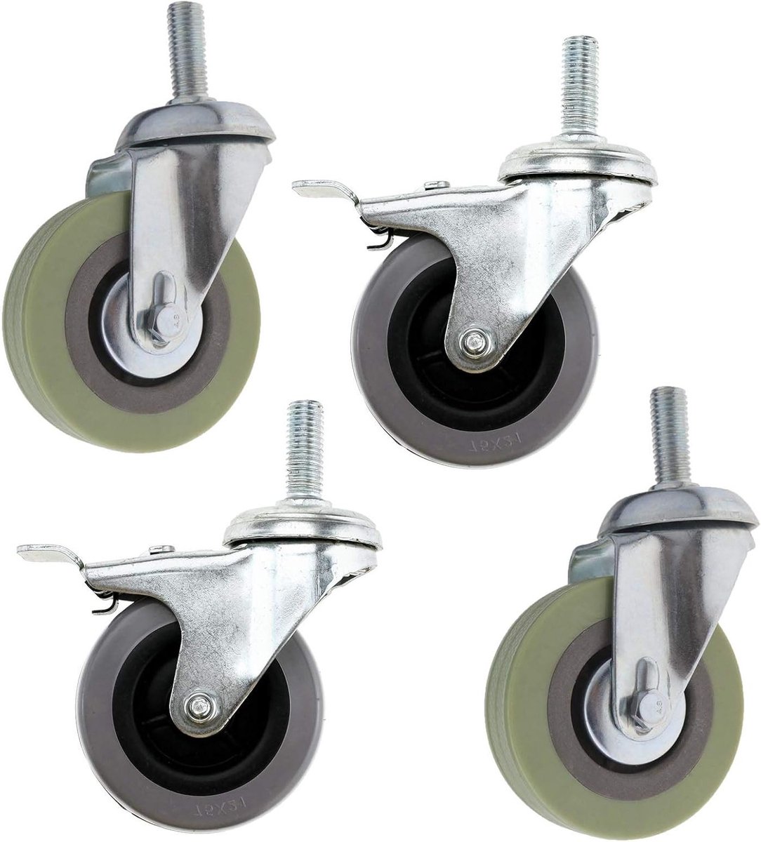4x 75mm (3 inch) Zwenkwielen met Boutbevestiging - 2 met Rem, 2 Zonder Rem voor Meubels en Apparatuur