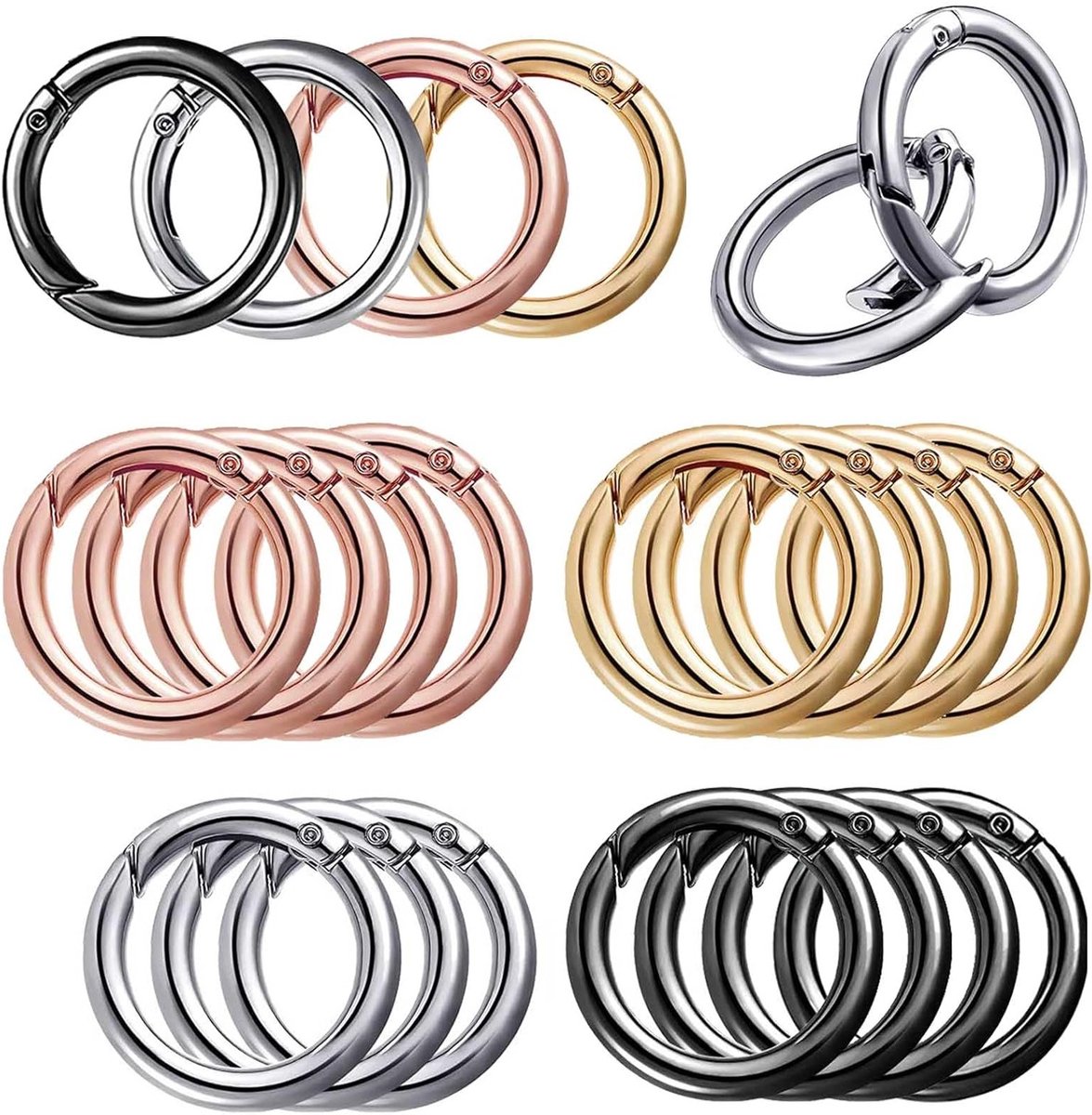 Set van 20 ronde karabijnhaken, multifunctionele ringen voor sleutels, handwerk en tasaccessoires, 28 mm