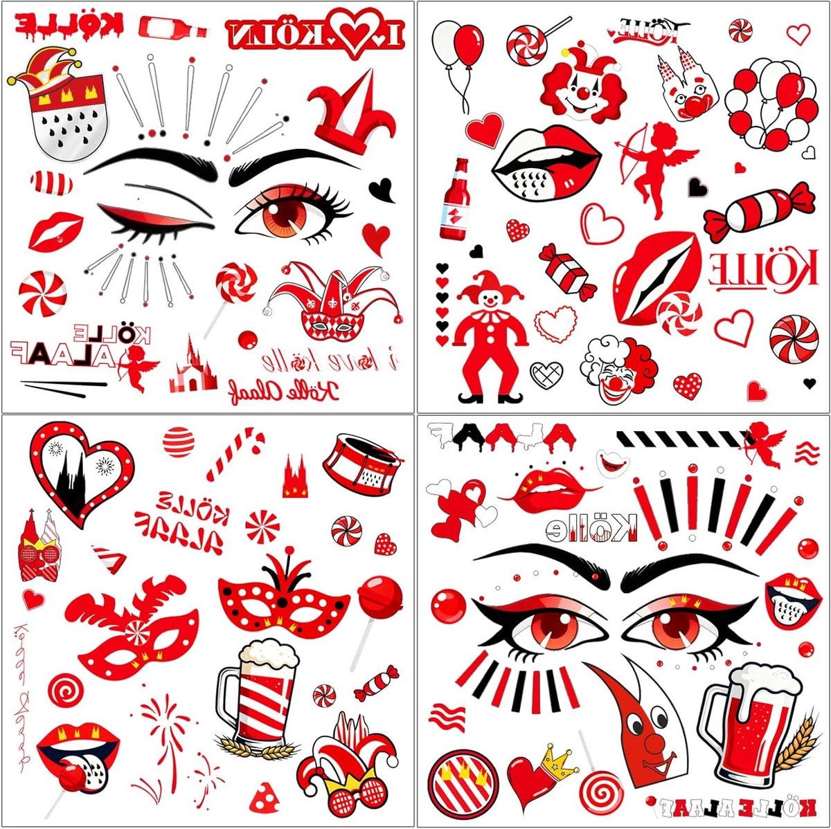 Tijdelijke Gezichtstatoeages voor Carnaval - 4 Bladen Met Rode en Witte Stickers voor Kostuums en Feesten