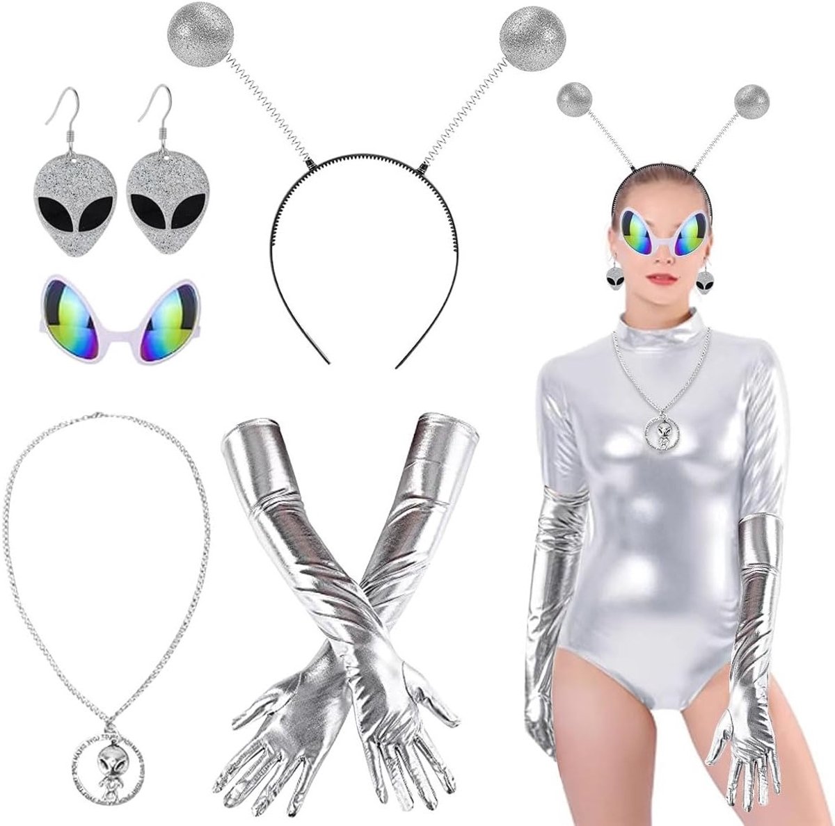 Alien kostuumset voor dames met accessoires, haarband en goggles voor carnaval en Halloween, perfect voor cosplay en feestjes