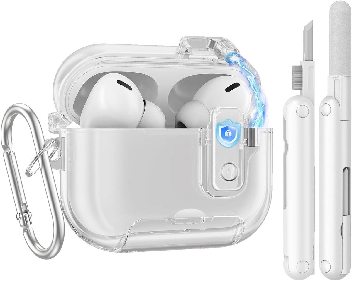 Transparante Soft TPU Hoes voor AirPods Pro 3 (2025) met Beveiligingsslot, Sleutelhanger en Schoonmaakset, Inclusief Telefoonstandaard en Anti-Vlekken Bescherming