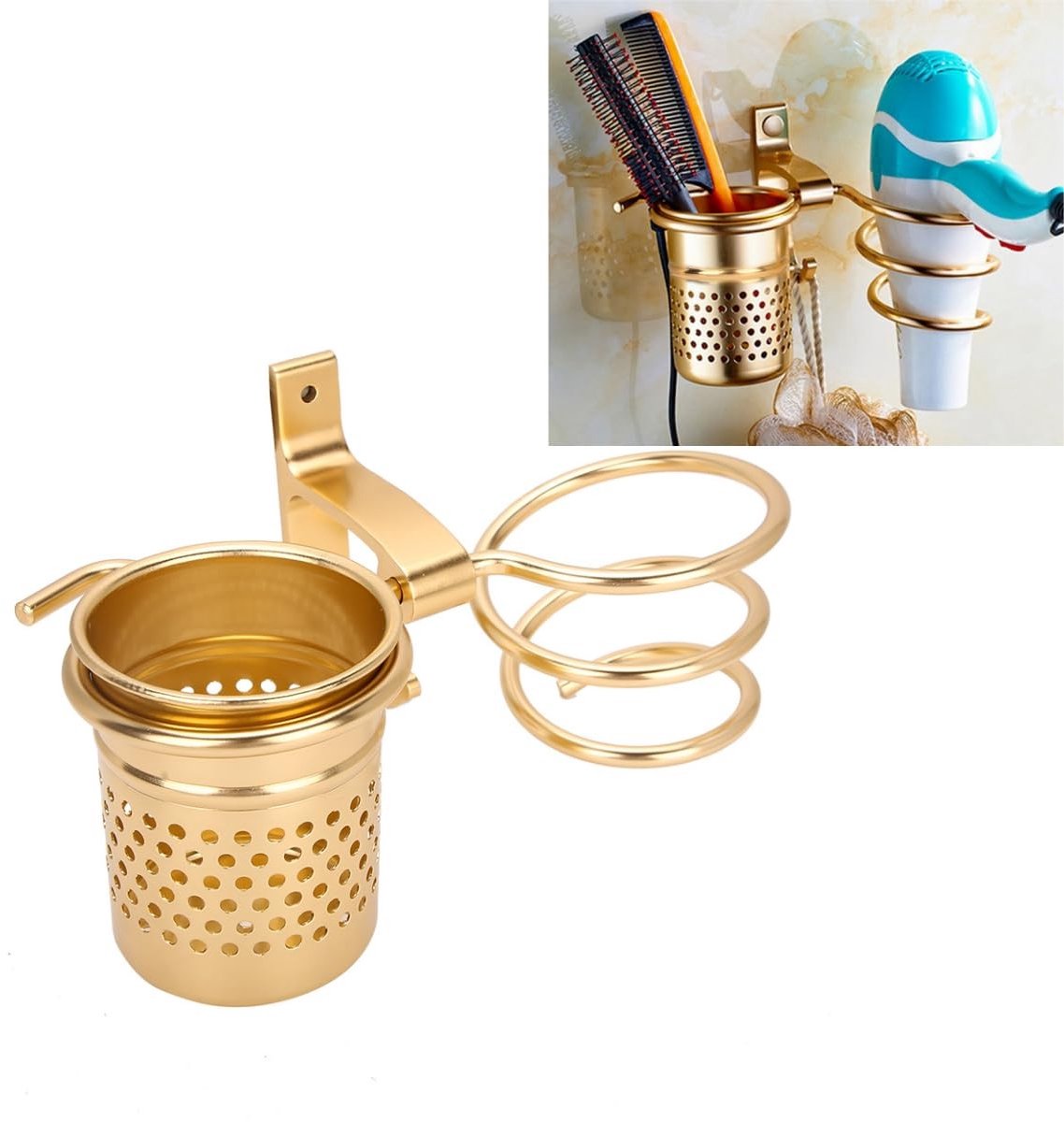 Dailygoods - Dailygoody - Föhnhouder - Föhnrek voor Badkamer - Makkelijk te Monteren - Goud - Multifunctioneel Föhnorganizer - Ruimtebesparend - Geschikt voor elke