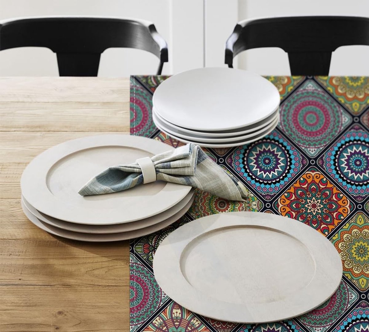 Dailygoods - Dailygoody - Boho tafelkleed - Vintage geometrisch ontwerp - Kleurrijk 85 x 85 cm - Tafel decoratie voor feestdagen - Geschikt voor binnen en buiten