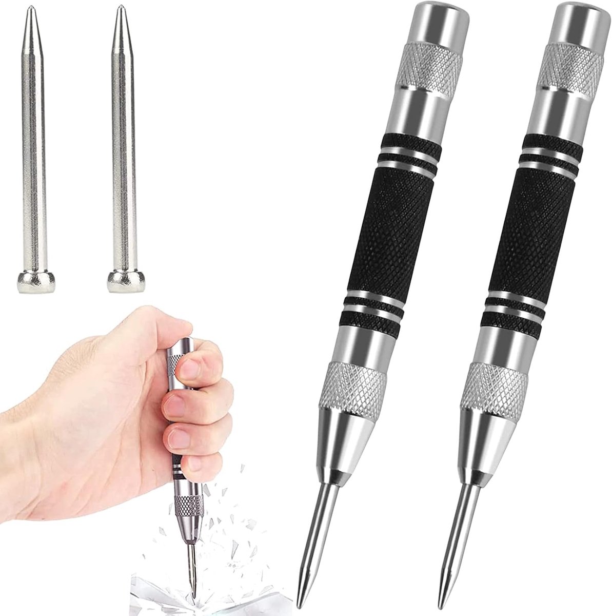 Automatische centerpons, set van 2, verstelbare slag, handmatige centerpons met veermechanisme, handmatig gereedschap met duwstang voor het ponsen van metaal, geschikt voor metaal, glas, hout en doe-het-zelfprojecten.