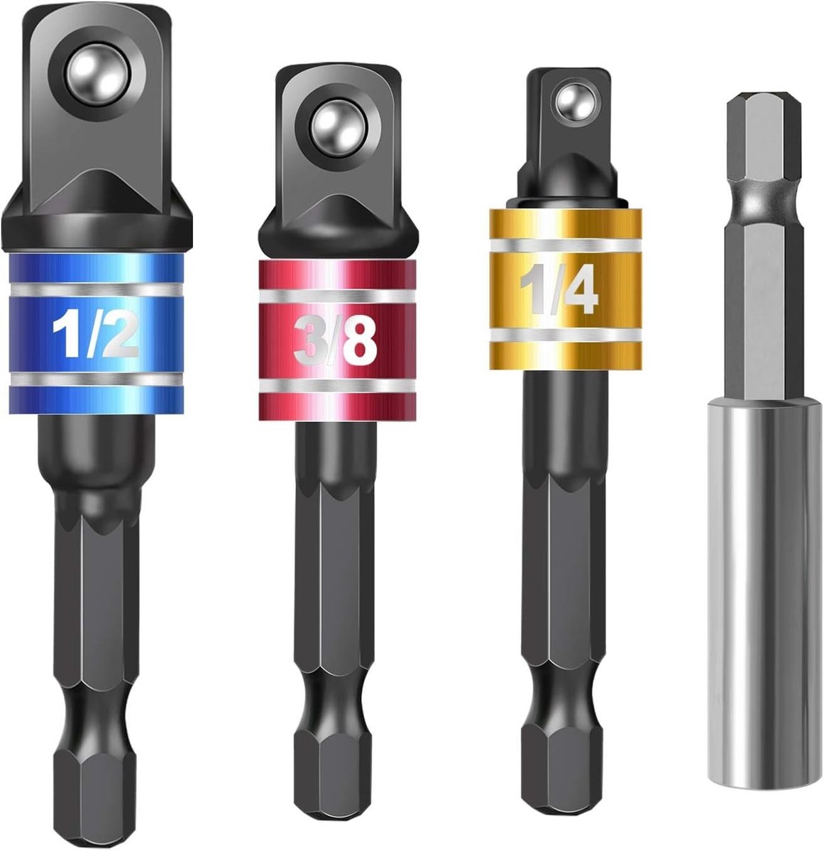 Dailygoods - Dailygoody - Impact Driver Socket Adapter Set - Magnetische Verlenging - 4 Stuks - Voor Power Boor - Met Kleurgecodeerde Ringen - Geschikt voor Divers.