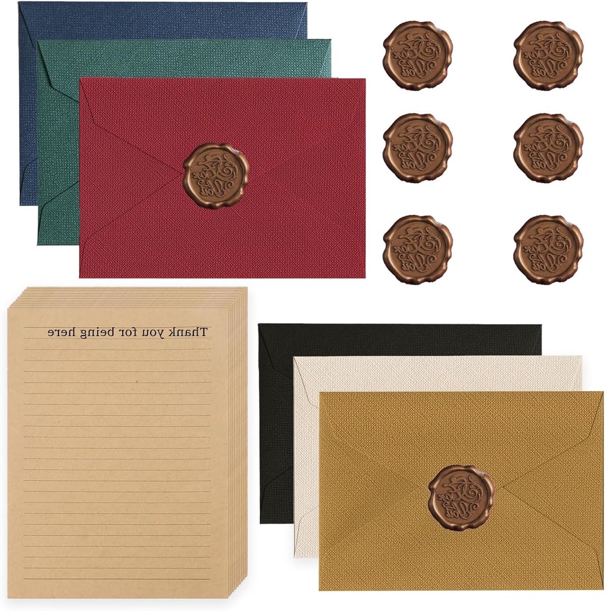 Vintage Paperset met 6 Linnen Enveloppen en Waxzegels, 10 A5 Briefpapier voor Verjaardagen, Huwelijken en Uitnodigingen
