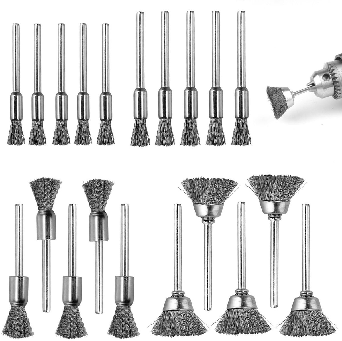 Dailygoods - Dailygoody - Set van 20 Stalen Borstels - Voeg kracht toe aan je gereedschap - 3mm Schacht - Voor Dremel en Accuschroefmachines - Borstels voor Po...