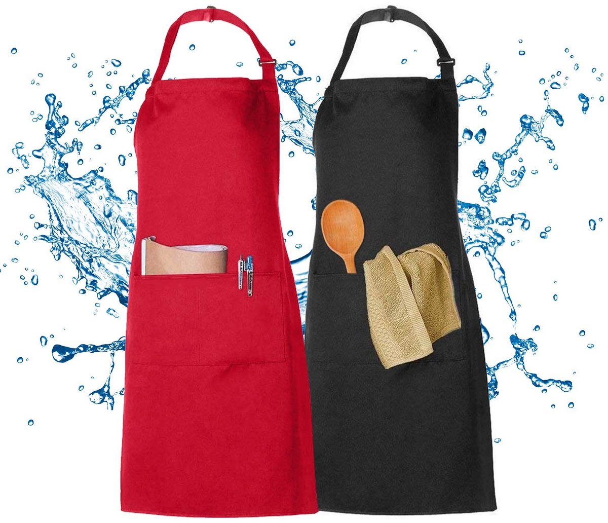 Dailygoods - Dailygoody - Kooischort - Waterdicht schort - Geschikt voor horeca - Zwart en rood - Keukenschort met zakken - Uniseks volwassene