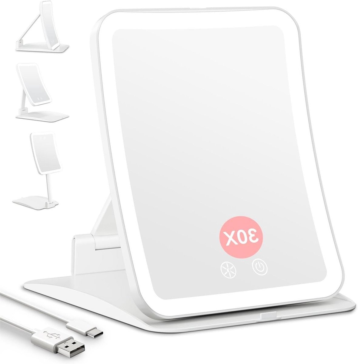 Verlichte 30X Vergrotende Make-up Spiegel met Oplaadbare 2000mAh Batterij, 3 Lichtkleuren en LED Verlichting voor Thuis en Reizen