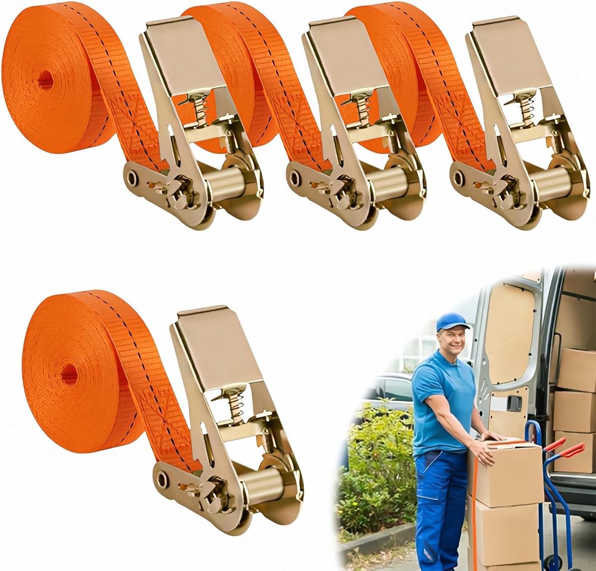 Set van 4 Verstelbare Spanbanden 2,5 cm x 5 m met Ratchet - Ideaal voor Bagage, Motoren en Fietsen, Maximaal Belastbaar tot 1000 kg