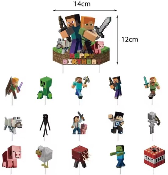 Minecraft taartdecoratieset met Steve, Alex, Creeper, Alex met zwaard, Steve met pikhouweel, en dieren.