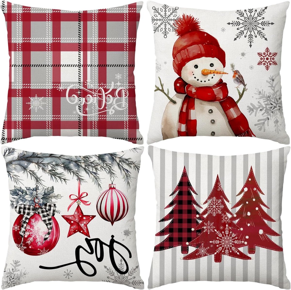 Set van 4 Kerst Kussenhoezen 45x45cm, Decoratieve Sneeuwman en Kerstboom Motieven voor Winterse Feestdagen en Thuisdecoratie