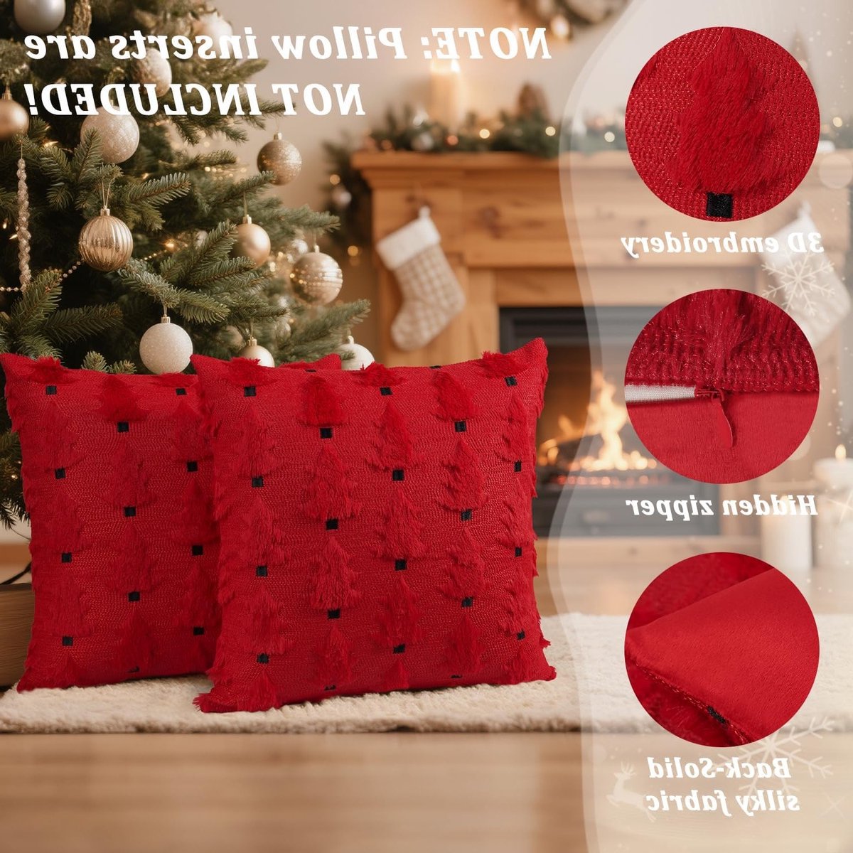 Set van 2 Kerst Kussenhoezen 40x40cm Zacht Pluche Neppels voor Kerstboomdecoratie in Rood voor Winterse Feestdagen