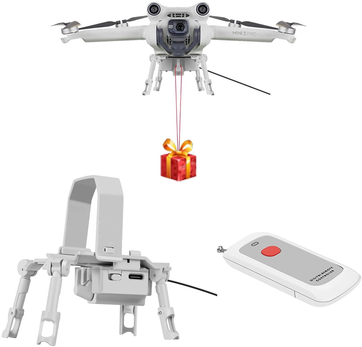 Dailygoody - Drone Airdrop-systeem - Universeel - Draagkracht 200 g - Lichtgrijs - Afstandsbediening tot 1000 m - Geschikt voor Mini 3 Pro/Mini 3