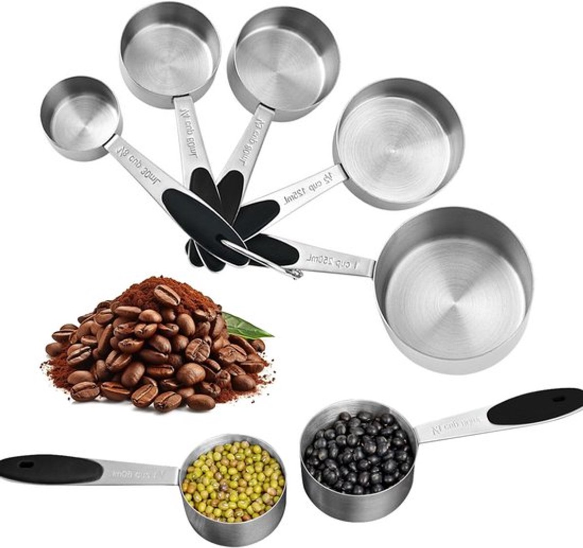 Roestvrij Staal Koffie Maatlepels - Set van 5 stuks - magnetisch handvat - kopjes sets - Geschikt Voor bakken en koken, past in de meeste keukenpotten - Vaatwasmachinebestendig - zilver