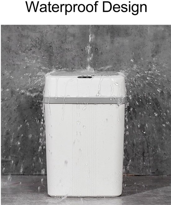Witte prullenbak wordt besproeid met water, met grijze band en deksel.