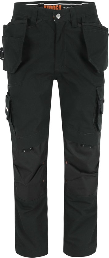 Zwarte werkbroek met opgestikte zakken, kniestukken en gestikte details.