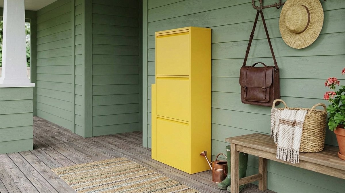 Schoenenkast House&Garden Urban Caruso Premium - Smalle Schoenenkast met 3 Kleppen - Schoenenrek voor 6 Paar Schoenen - Metalen Schoenenopberger - Ruimtebesparende Hal Kast - Geel - 50 x 15 x 103 cm