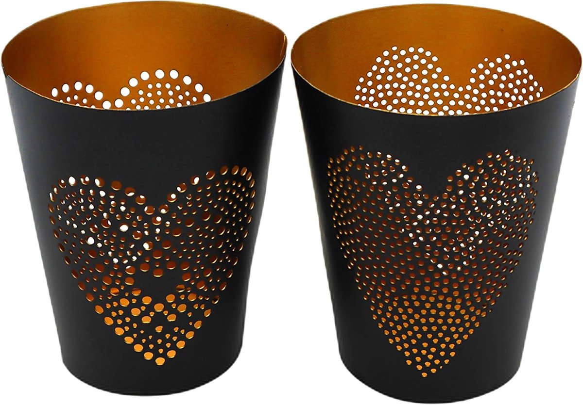 Windlichten Hart Motief - Kaarsenhouder Decoratie - Sfeerverlichting Creëren - Elegant Metaal Design - 14 x 10 cm - Zwart Goud