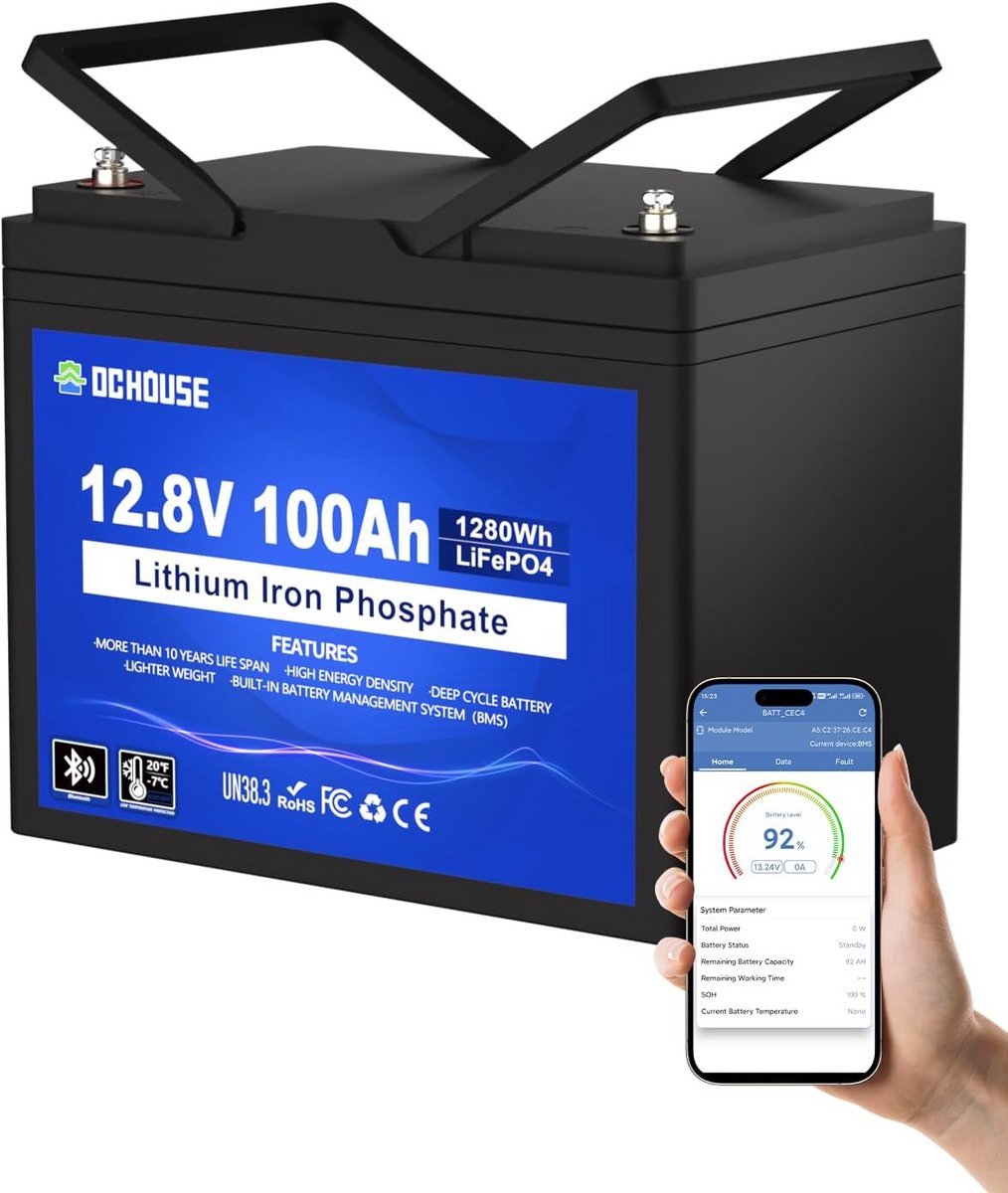 Lithium Batterij - LiFePO4 Energiebron - Energie Opslag - Lichtgewicht Ontwerp - 100Ah 12V - Zwart