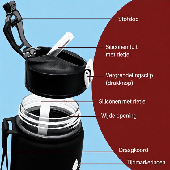 Motivatie Drinkfles 800 ml - Waterfles met Tijdsmarkering - Drinkfles met Rietje - Motivational Water Bottle - Sportfles - Lekvrije Bidon - Waterfles met Koord - Fitness Drinkfles - BPA Vrij - Zwart met Gouden Opdruk — afbeelding 2