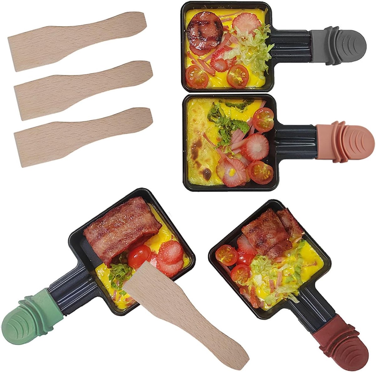 Raclette pannetjes - Mini grillplaten - Gezellig eten - Anti-aanbaklaag - 4 stuks - Gekleurde handvatten