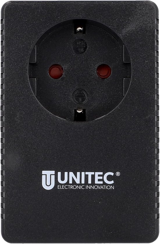 Zwarte UNITEC inschakelstroombegrenzer met UNITE C® logo en een enkel stopcontact.