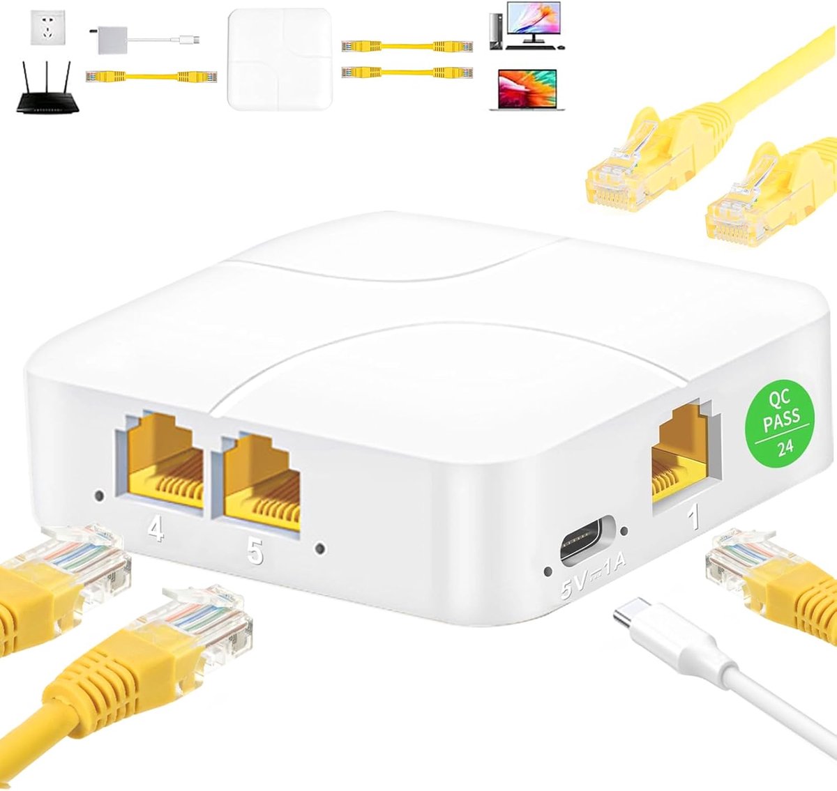 Ethernet Splitter - LAN Adapter - Netwerk Uitbreiden - 1 tot 4 Poorten - 1000Mbps Snelheid - Wit