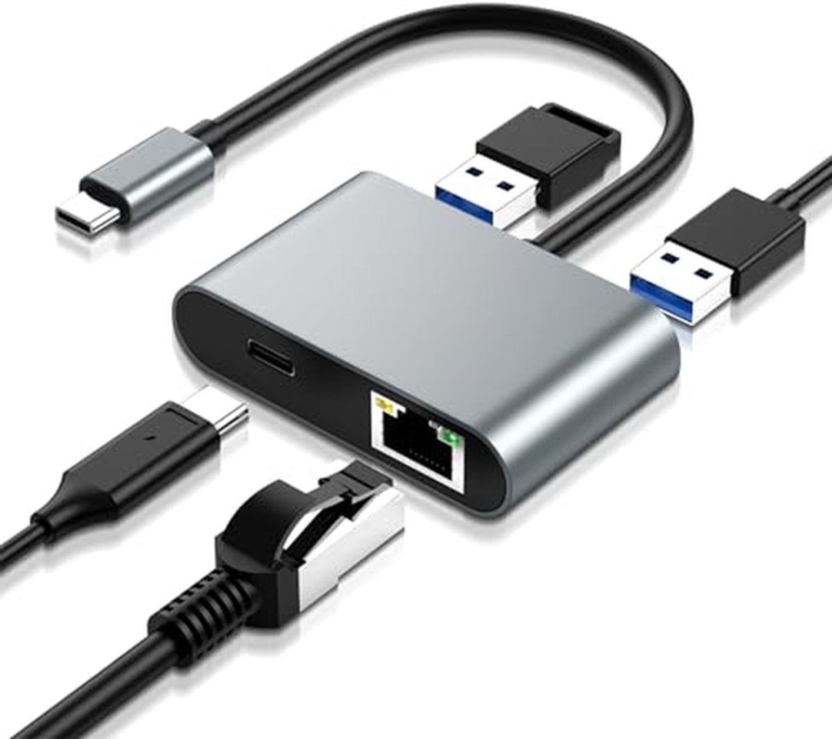 USB C Adapter - Ethernet LAN - Internet Stabiliseren - 1000 Mbps Snelheid - 4-in-1 - Grijs