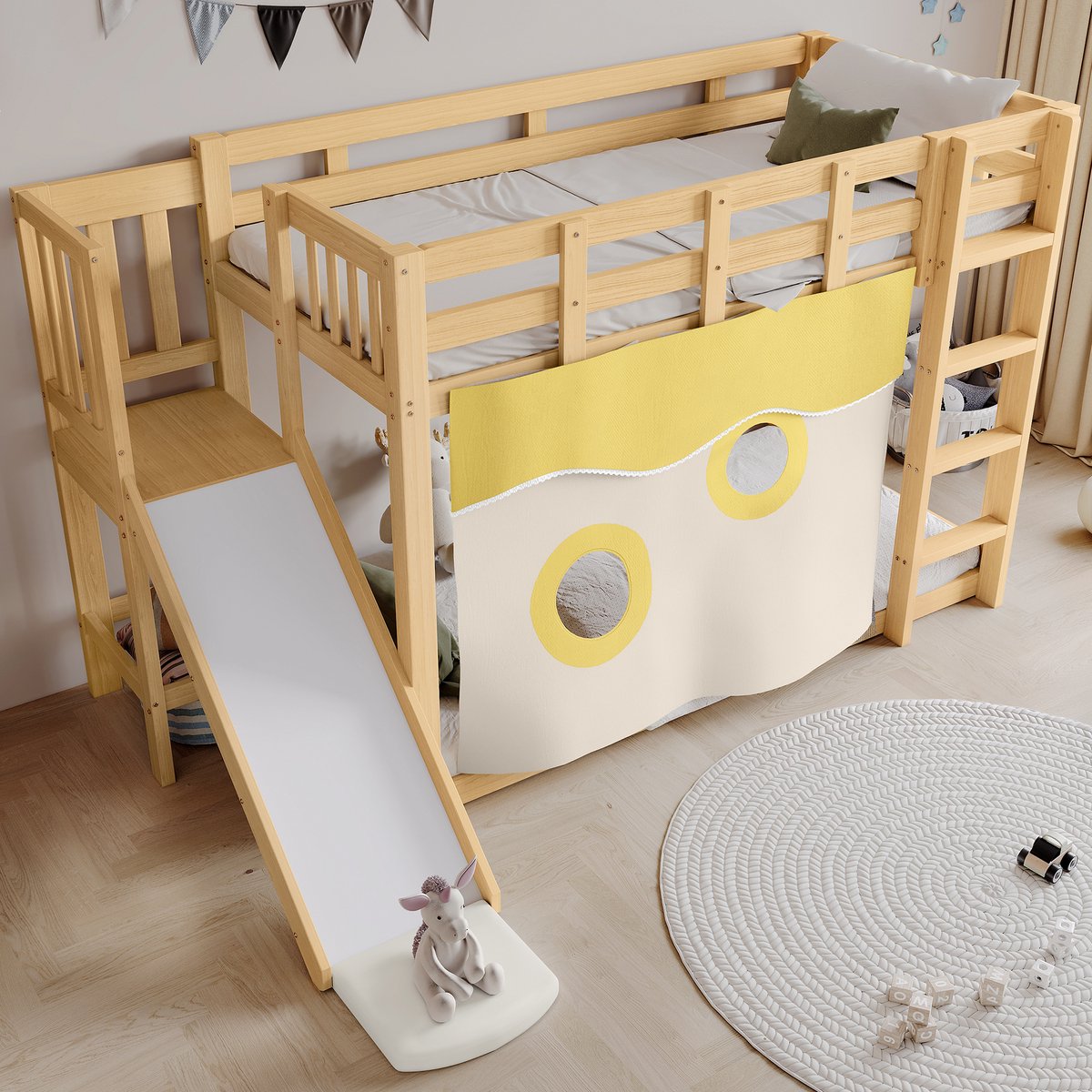 DESMIU Stapelbed 90x200cm – Kinderbed Met Glijbaan, Trap En Veiligheidshek – Slaapruimte Met Privacygordijn – Natuurlijk Hout – Zonder Matras