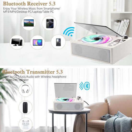 Draagbare cd-speler met afstandsbediening, oplaadbare batterij, USB/SD-ondersteuning, lcd-scherm, kleine compacte retro cd-speler, dubbel stereogeluid voor thuis en bu Buiten, wit — afbeelding 2