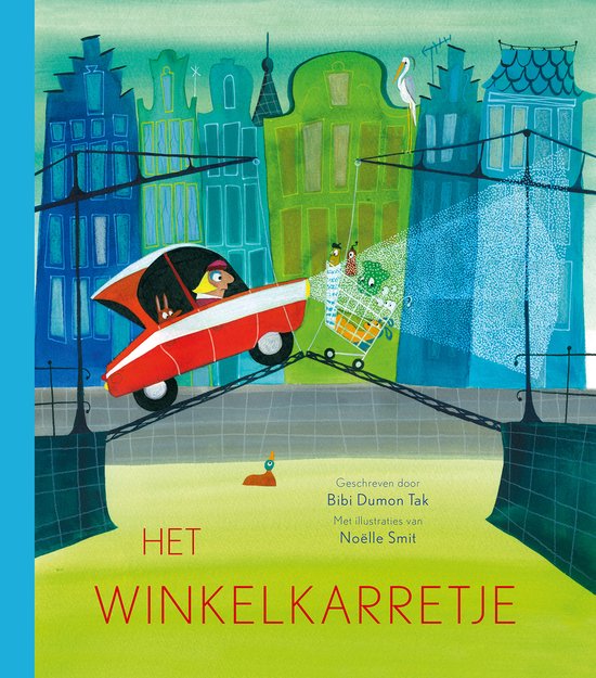 Een rode auto rijdt over een brug, met een winkelkar vol boodschappen ernaast. De titel 'HET WINKELKARRETJE' staat onderaan.