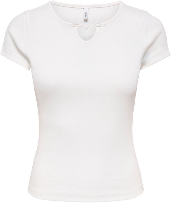 Wit geribd T-shirt met korte mouwen en een sleutelgat-uitsnijding met strikdetail bij de hals.