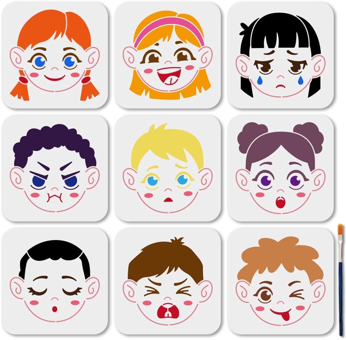 Dailygoods- Sjablonenset 9 Stuks - Emotionele Ontwerpen - Herbruikbaar - Kunststof - 15 x 15 cm - Inclusief Penseel - Schildersjablonen