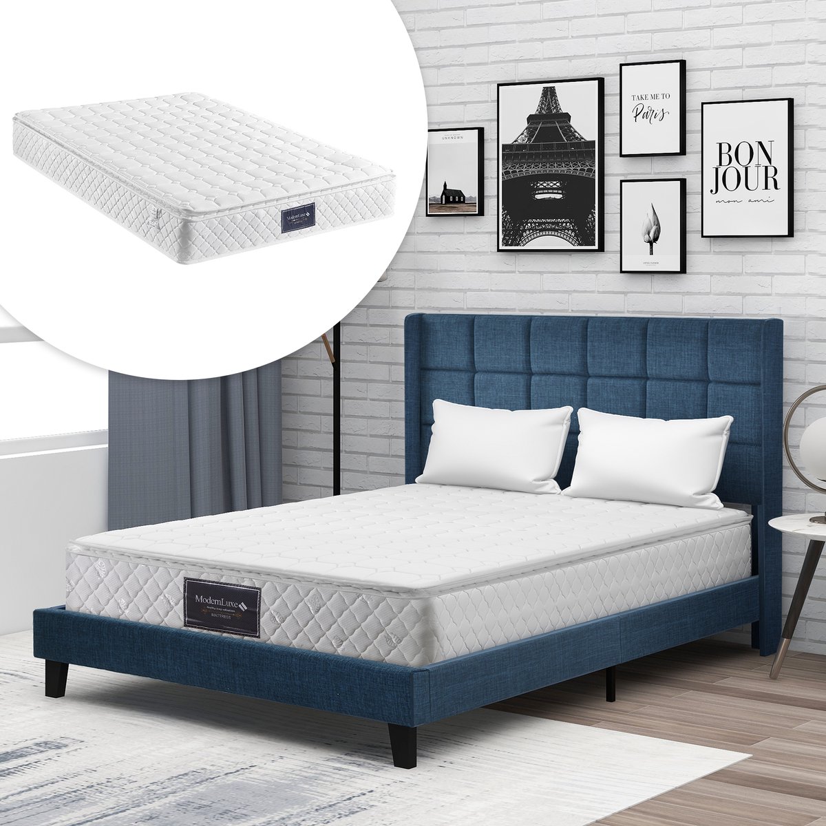 DESMIU Gestoffeerd Bed 140x200cm Met Matras – Hoog Hoofdbord Met Comfortabele Rugsteun – Stevige Lattenbodem En Stalen Versteviging – Voor Slaapkamer – Linnen – Blauw