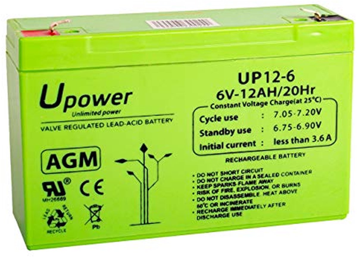 AGM Batterij - Oplaadbare Accu - Noodstroom Toepassingen - Verzegelde Loodzuur - 6 Volt 12 Ah - Zwart