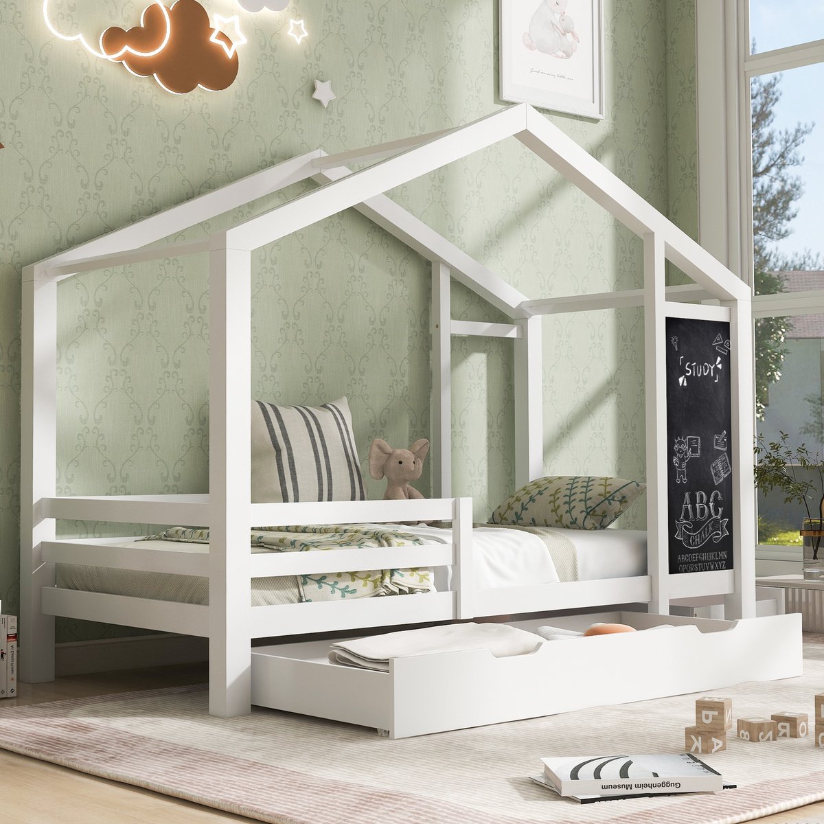 DESMIU Huisbed 90 x 200 cm – Kinderbed met krijtbord en 2 lades – Speels slaapbed met opbergruimte – Massief hout – Wit – Zonder matras