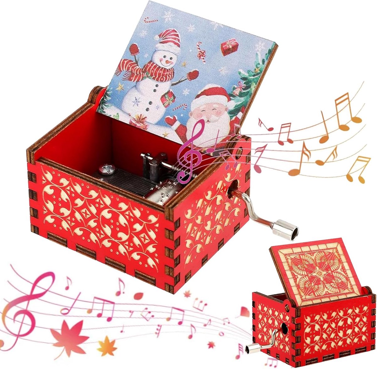 Houten Muziekdoos - Kerst Hand Crank - Feestelijke Decoratie - Exquise Uitsnijdingen - 6.4 x 5 x 4.2 cm - Houtkleur