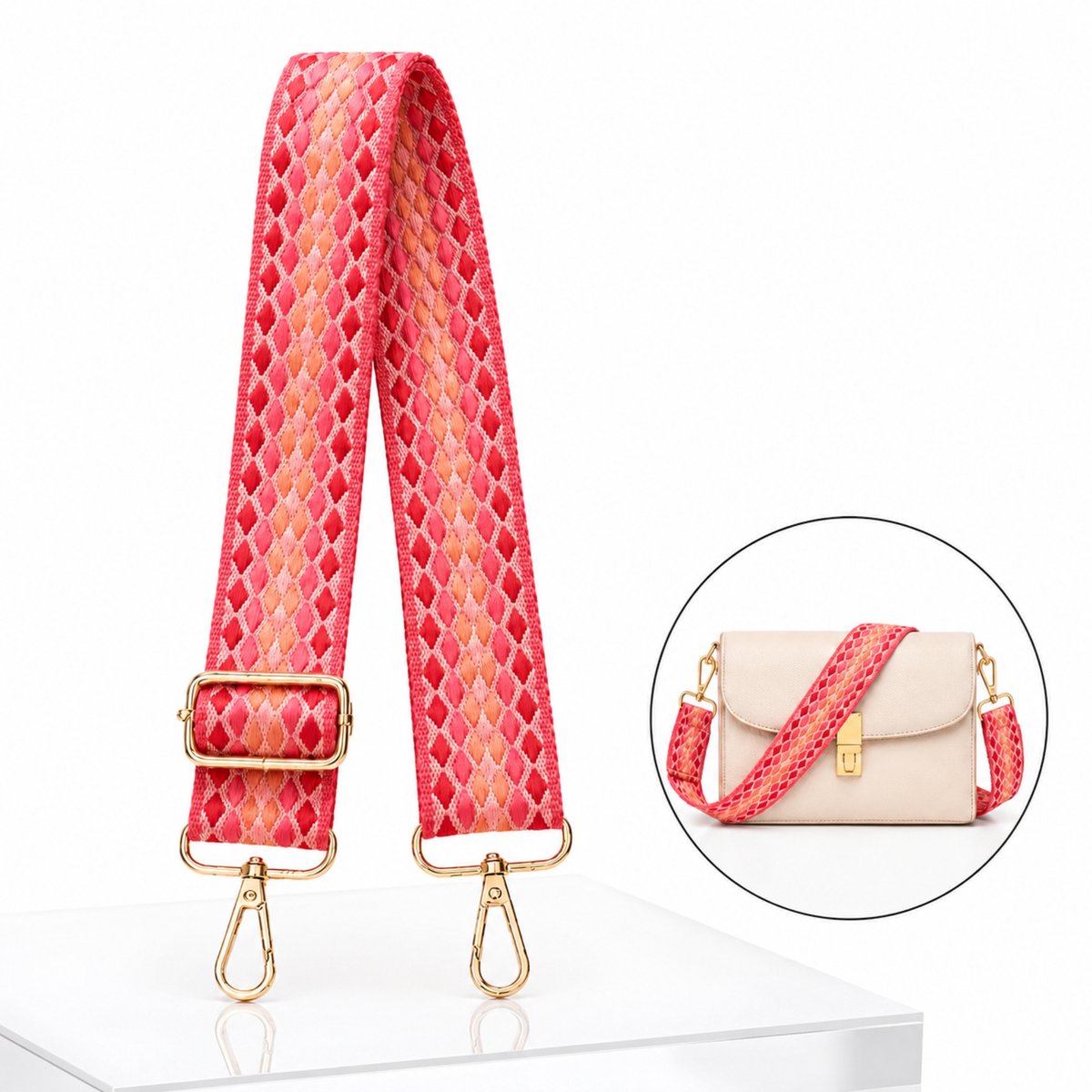 Luxamore® Bag Strap Ruitpatroon – Brede Tassenriem – Schouderriem Tas – Tassenhengsel Verstelbaar – Roze Ombré Geruit – Goud Metaal – Cross Body – Festival Dames – Handtas Bandje