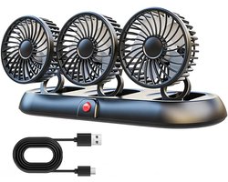 Krachtige 12V Auto Ventilator - 3-Kops Dashboard Ventilator met 3 Snelheden - 360° Roterende Koelventilator - Compacte Auto Koeling voor Vrachtwagen, Camper, Boot & Auto - Zwart