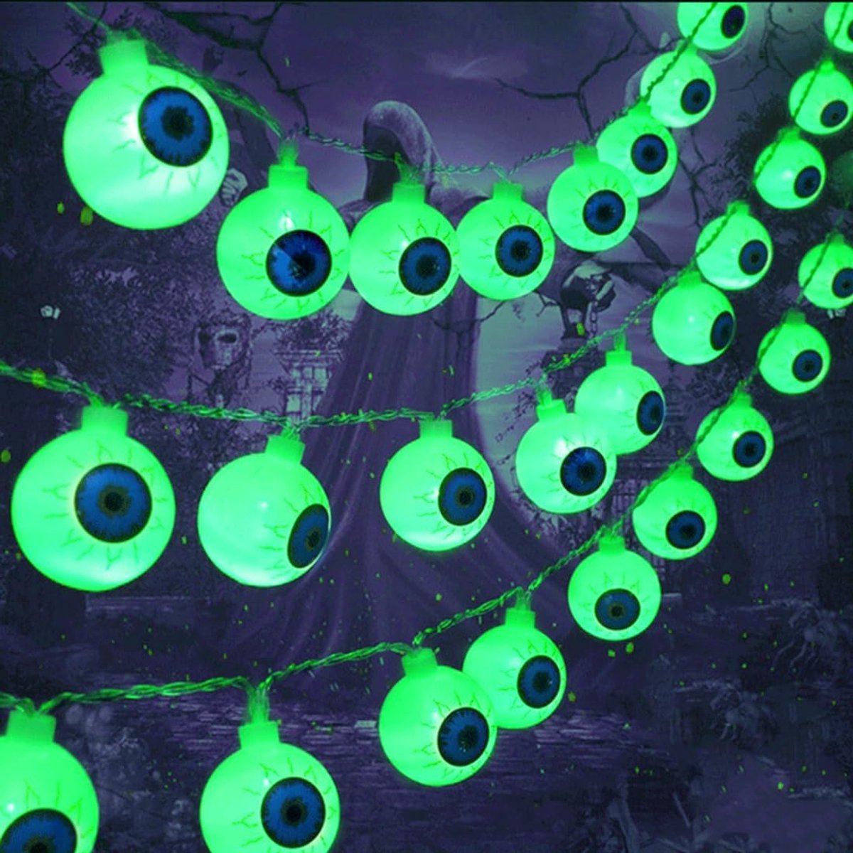 Halloween Lichtsnoer - Oogbol Verlichting - Griezelige Decoratie - 40 Oogvormige LEDs - 6 Meter Lang - Groen