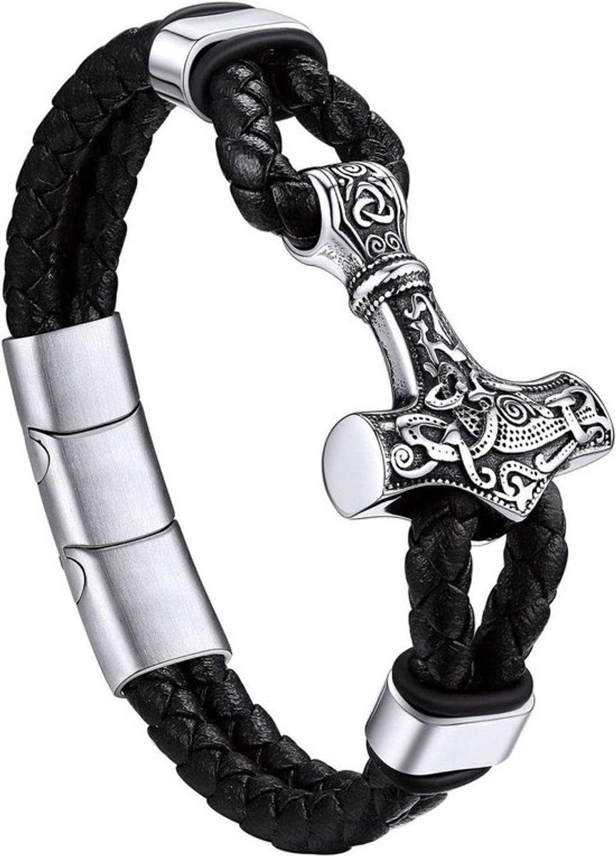 Vintage Viking-armbanden van echt leer voor heren en jongens - Thor's hamer/schedel/vrijmetselaars design - magnetische sluiting - roestvrij stalen details - 20-21cm