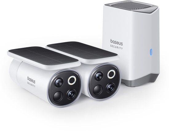 Baseus Beveiligingscamera set S1 pro - Draadloos - Slimme beveiliging - Meedraaiende Zonnepaneel - Buiten - 3K Camera - 2 camera’s - WIFI - Inclusief Homestation - Waterdicht - Weerbestendig - Nachtzicht - Wit van Baseus — afbeelding 2