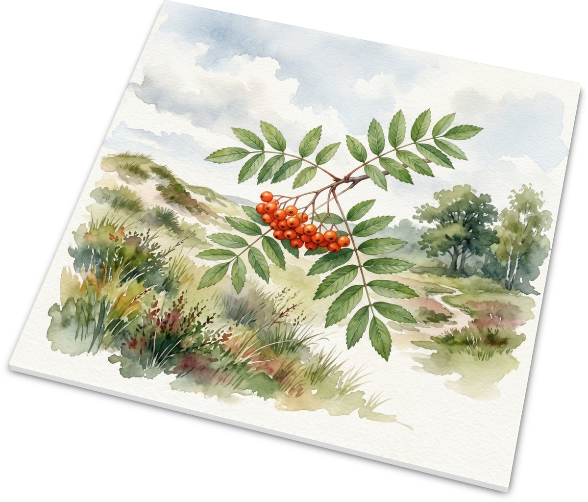 Tegeltje met Wilde Lijsterbes Sorbus aucuparia - Botanische Aquarel Studie met Rode Bessen
