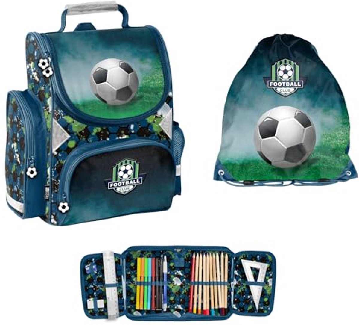 3-delige Schoolset - Rugzak Gymtas - Naar School Gaan - Met Voetbal Thema - 37x32x11 cm - Blauw