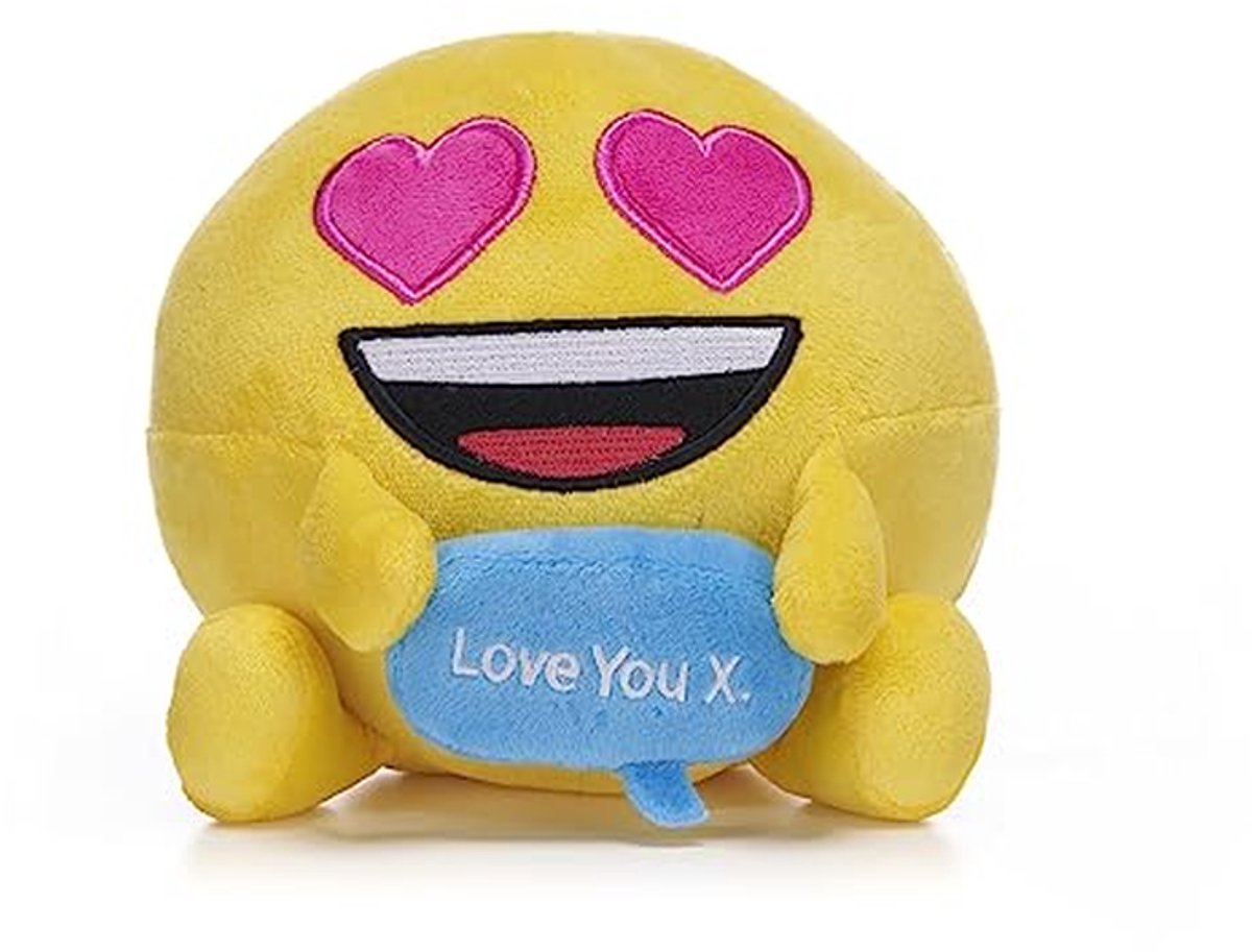 Emoji Knuffel - Hartjes Ogen - Cadeau Geven - Geborduurd Tekstballon - 18 cm - Roze Rood