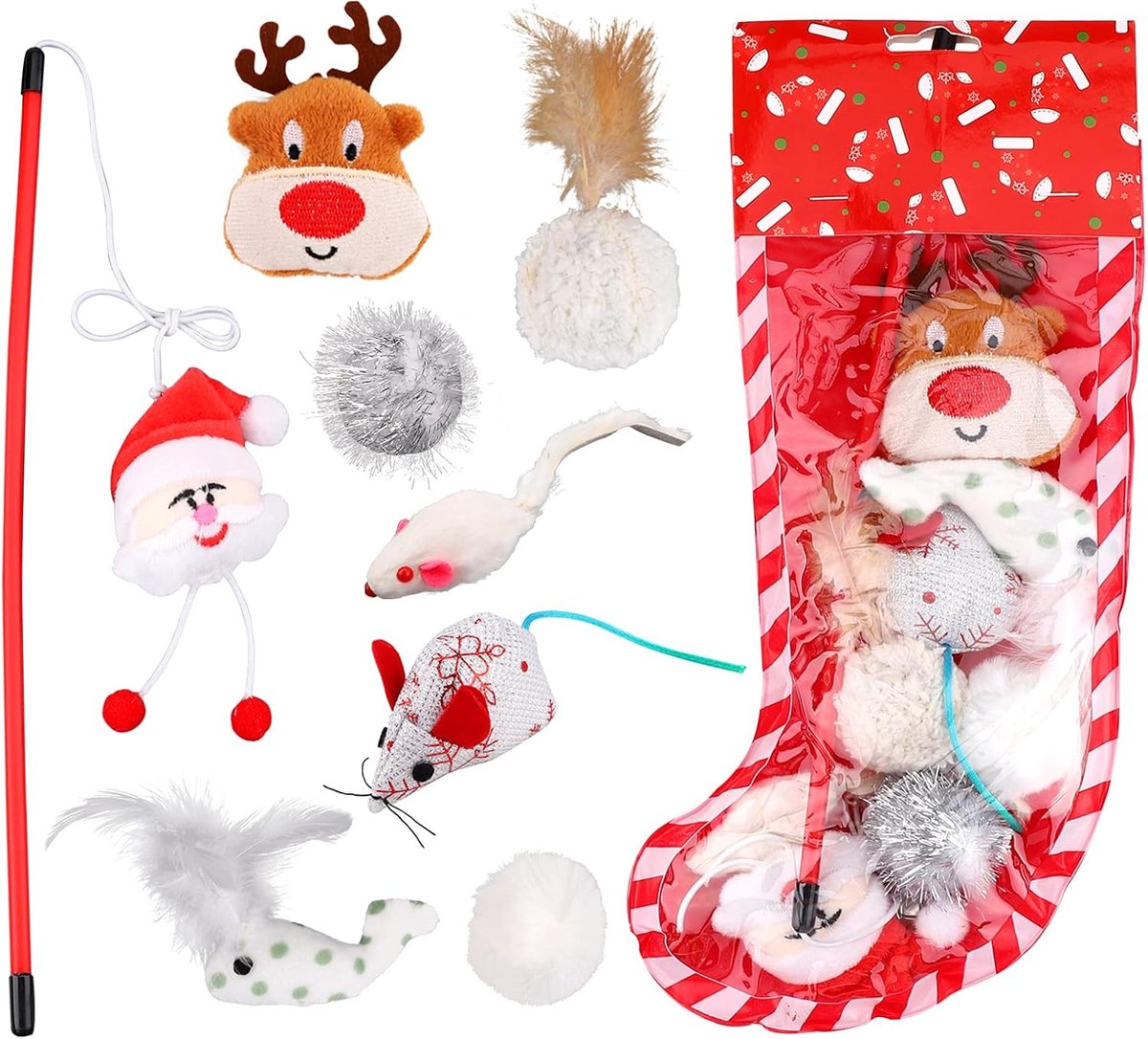 Kerst Kat Speelgoed - Kitten Speelgoed Set - Interactief Spelen - Waardevolle Set - 10 Stuks - Wit Rood